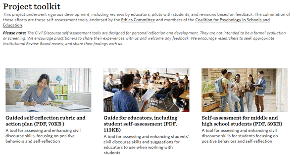 A screenshot from the Project Toolkit that shows introductory text as well as three sample tools: Guided Self-Reflection Rubric and Action Plan; Guide for Educators, including student self-assessment; Self-Assessment for middle and high school students.