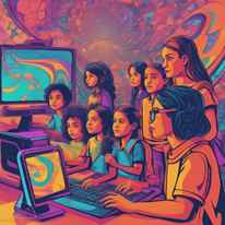 An image created with AI depicting  teacher showring a group of teacher how to use a computer