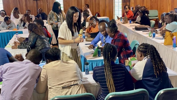 Photo of a room of adults at tables working on workshop activities